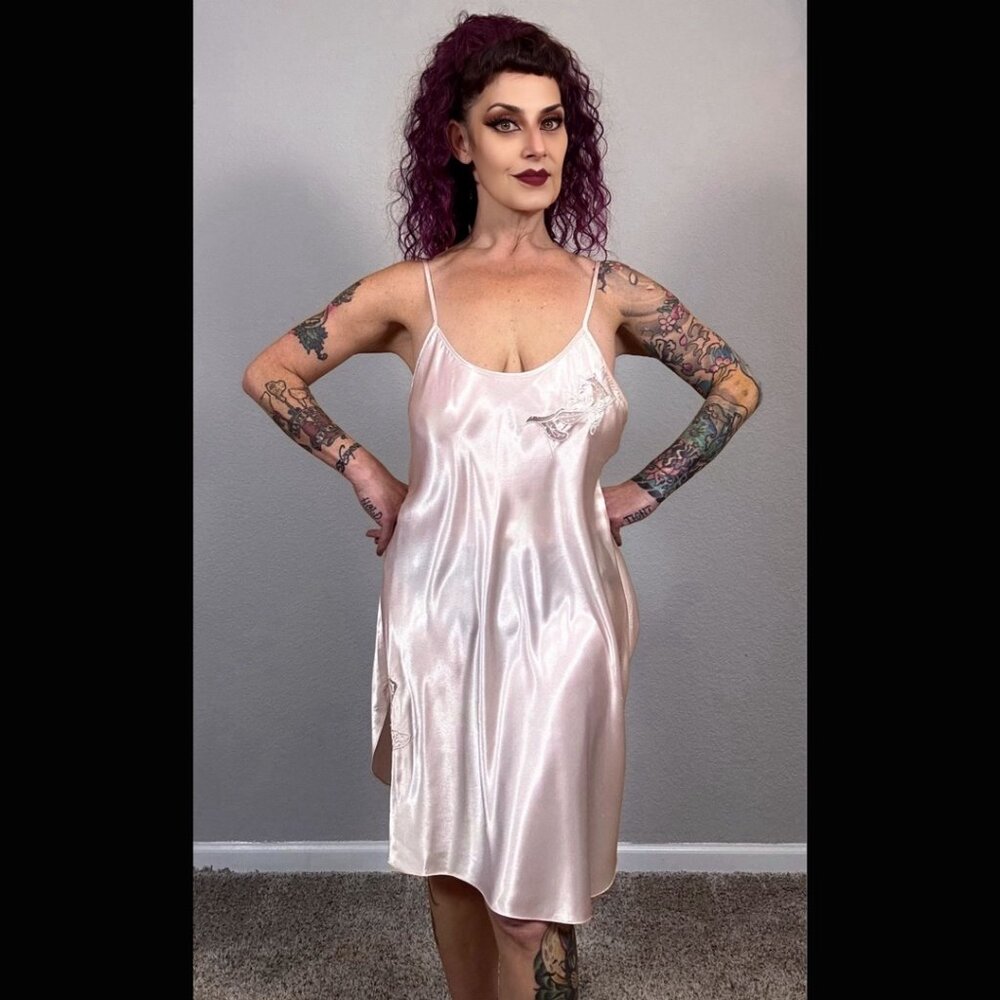 80s Lord & Taylor Pale Pink Pearl Chemise Slip Dress Lingerie Bridal L